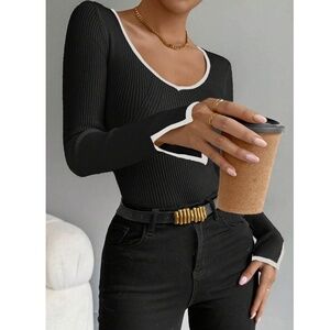 Black Rib Knit Light Sweater Top Contrast Trim Fitted Slim Long Sleeve
